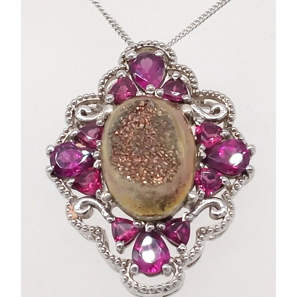 Pink Druzy Gemstone Pendant Chain Necklace 925 Sterling Silver  Prong Sparkly!